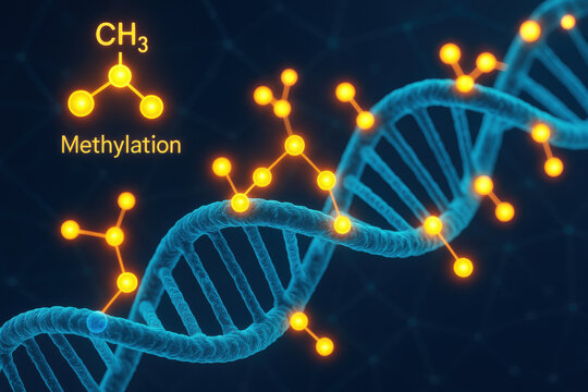 Conceptual medical visualization of methylation process. Glowing molecular node attaches to gene helix, precision science imagery illustrating genetic modification