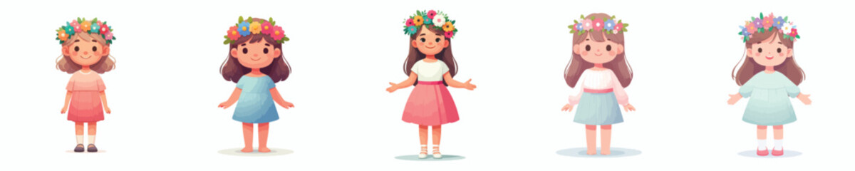Fototapeta premium vector of happy little girl standing wearing flower crown in spring