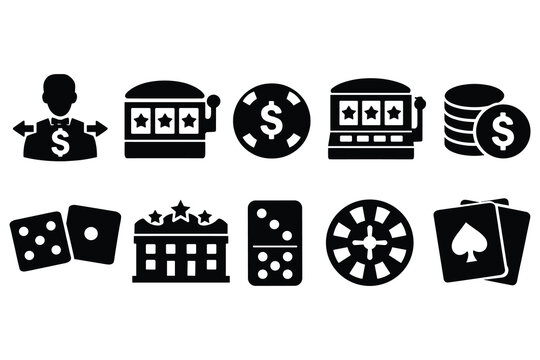 Assorted collection of gambling and casino themed icons including slot machines poker chips and dice