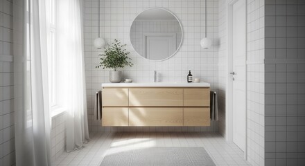 Fototapeta premium Bright Modern Bathroom Vanity With Natural Light And Greenery