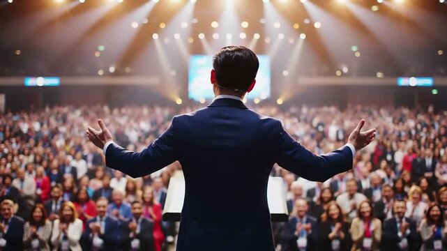 Business keynote speaker in suit on stage with arms open facing large applauding crow. Corporate conference leadership presentation and motivational public speaking event for professional audience