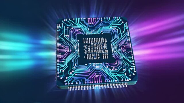 Glowing neon circuit board processor chip with detailed electronic components. Advanced semiconductor cpu microchip technology for ai computing hardware engineering and digital system performance