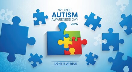 Fototapeta premium World Autism Awareness Day 2026 blue puzzle pieces light it up blue campaign promoting understanding and acceptance