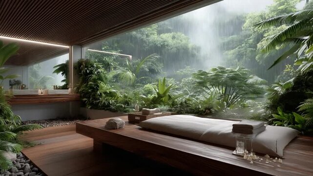 Serene Indoor Spa Retreat with Lush Greenery and Rainfall Views