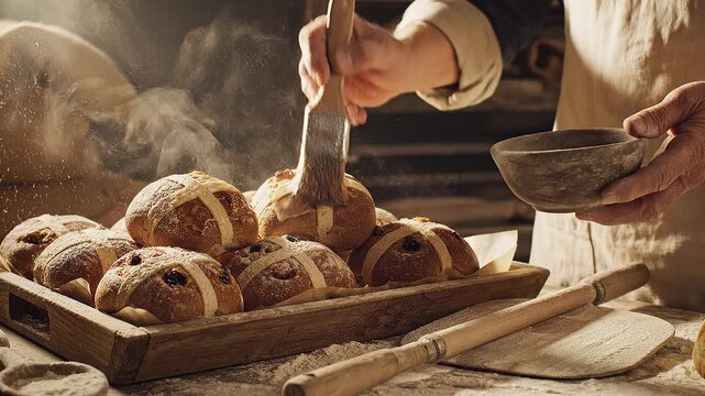 Close-up of a baker's hands glazing sweet bread rolls on a wooden tray in a rustic bakery with warm lighting.