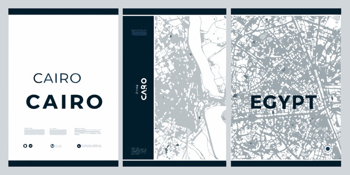 A triptych featuring the name Cairo and aerial city maps