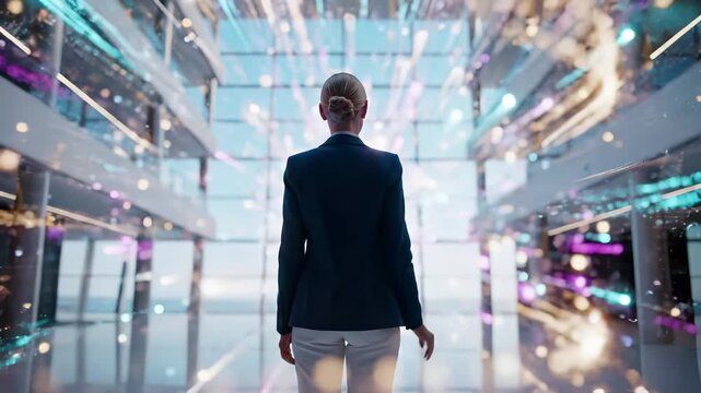 Business executive woman in suit walking through glass corridor with digital particle light. Corporate leadership and professional ambition for modern innovation technology and forward thinking