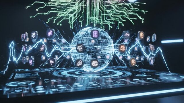 Futuristic digital globe glowing blue lines with virtual interface, artificial intelligence, data network, technology icons, blockchain, cryptocurrency symbol, innovation, abstract background