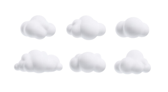 Set of white clouds 3D vector icons set, cartoon weather forecast cloudy symbol, realistic meteorology design element