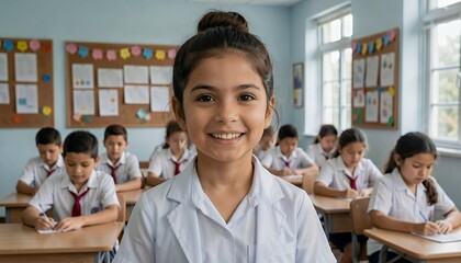 Fototapeta premium Smiling Schoolgirl in Classroom with Other Students in Uniforms