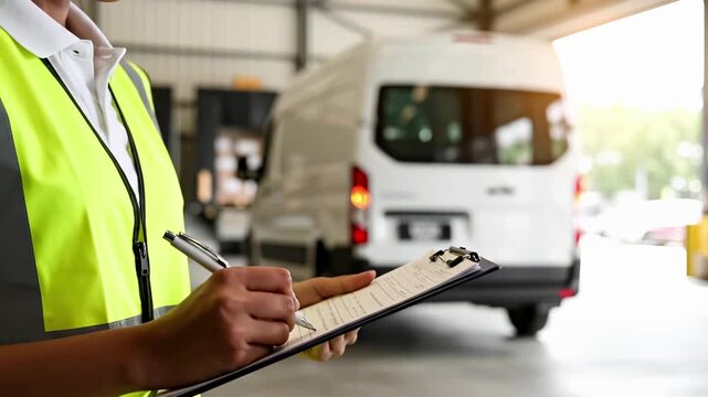 Logistics worker in safety vest writing on clipboard at warehouse loading dock with delivery van. Supply chain freight transport and shipment verification for commercial cargo distribution and fleet