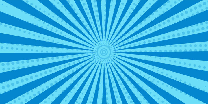 Comic background. Pop art texture. Starburst cartoon style. Anime design with explosion effect for print. Fun dot pattern. Blue backdrop with halftone gradient. Funny line frame.