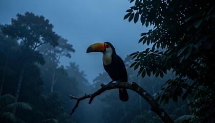 Obraz premium Toucan Bird Perched on a Branch in a Misty Rainforest Environment