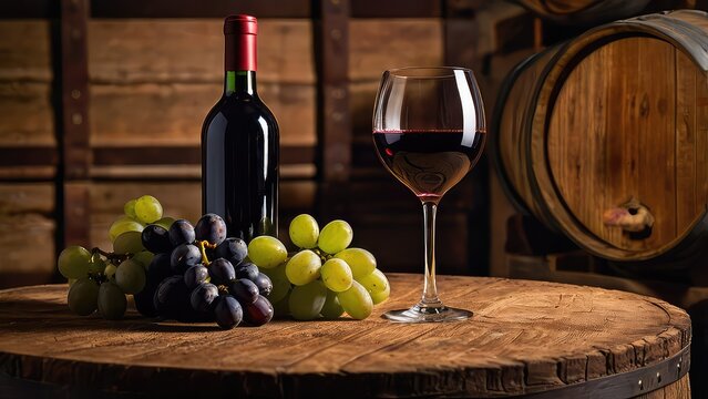 A glass of red wine and fresh grapes rest on a wooden table in a wine cellar with barrel