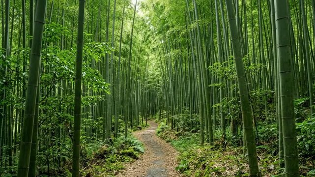 Path through a dense bamboo forest with green stalks and dappled sunlight.