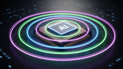 Obraz premium Futuristic AI microchip with glowing neon circuits, advanced technology and computing concept 