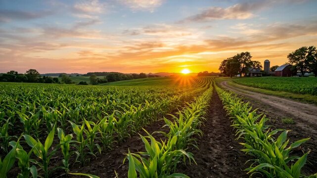 Golden sunset illuminates rows of young corn plants on a farm with barns