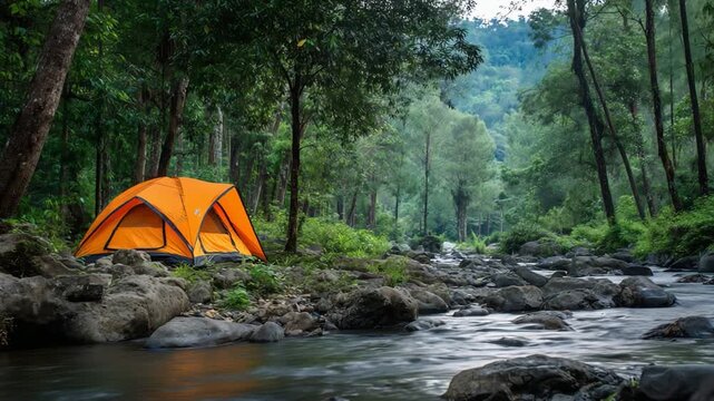 Camping tent by a serene river in a forest.