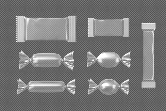 Realistic candy transparent polyethylene package mockup vector set, empty product twisted pouch and flow wrapper blank