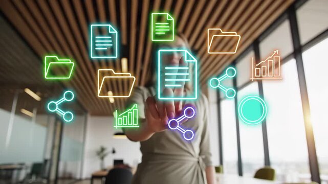 Professional touching digital document folder share and analytics icons. Business file management and data sharing network system for corporate workflow productivity and information organization