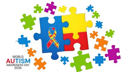 Naklejka premium Colorful autism awareness ribbon on large puzzle piece for world autism awareness day 2026