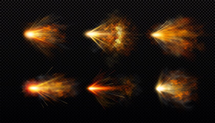 Gun shot with orange fire and smoke effects vector set, weapon firing blast, realistic gun explosion flash flame trails © sabelskaya