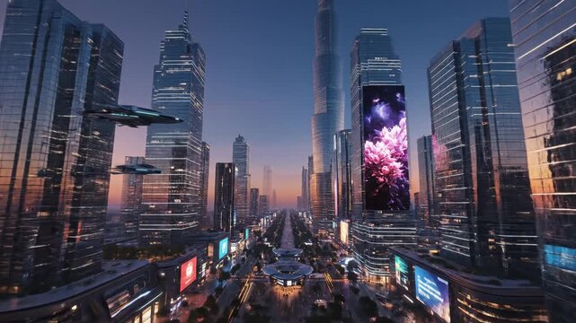Futuristic Cityscape with Flying Vehicles and Tall Glass Buildings at Dusk