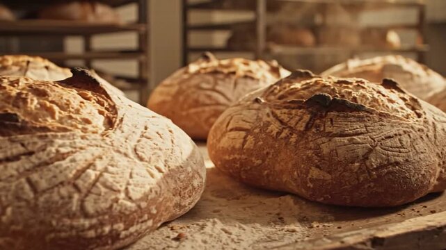 Artisan sourdough bread with beautifully blistered crusts in a bakery setting