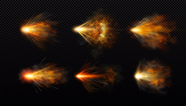 Gun shot with orange fire and smoke effects vector set, weapon firing blast, realistic gun explosion flash flame trails