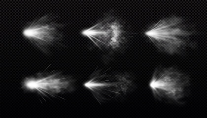 Fototapeta premium Gun shot with white fire and smoke effects vector set, weapon firing blast, realistic flying gun bullet explosion trails