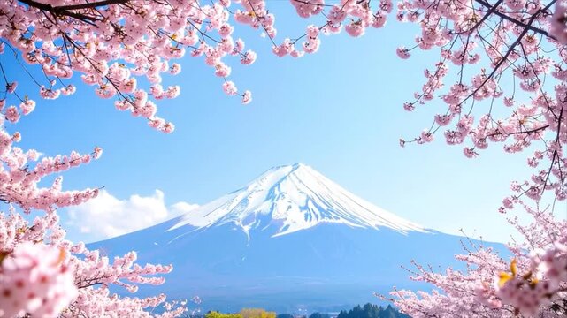 cherry blossom in japan；Mount Fuji and Sakura Frame &ndash; Spring Background with Copy Space