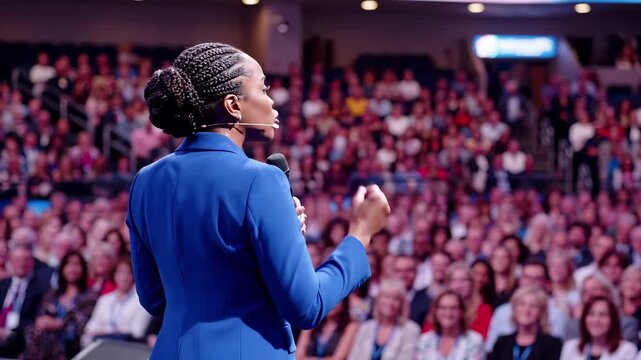 keynote speaker with microphone on stage addressing large diverse conference audience in arena venue. Corporate leadership and motivational public speaking event for professional business empowerment