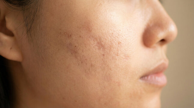 Skin Healing Marks Acne Forehead Closeup showing acne scars on cheek profile against neutral background