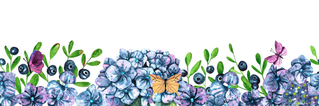 A seamless border of watercolor flowers: beautiful hydrangeas and blueberries, colorful butterflies. All elements are hand-drawn and isolated.