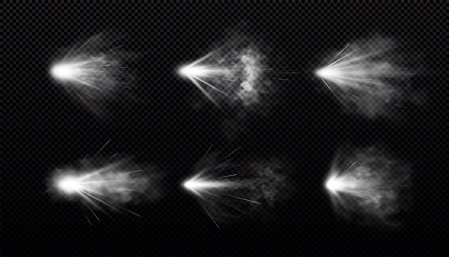 Gun shot with white fire and smoke effects vector set, weapon firing blast, realistic flying gun bullet explosion trails