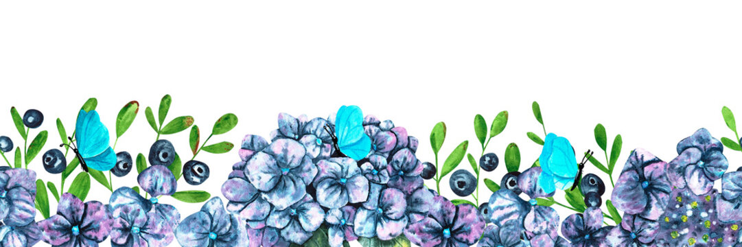 A seamless border of watercolor flowers: beautiful hydrangeas and blueberries, blue butterflies. All elements are hand-drawn and isolated.
