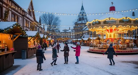 Fototapeta premium People enjoy a snowy evening at a traditional european christmas market with a carousel