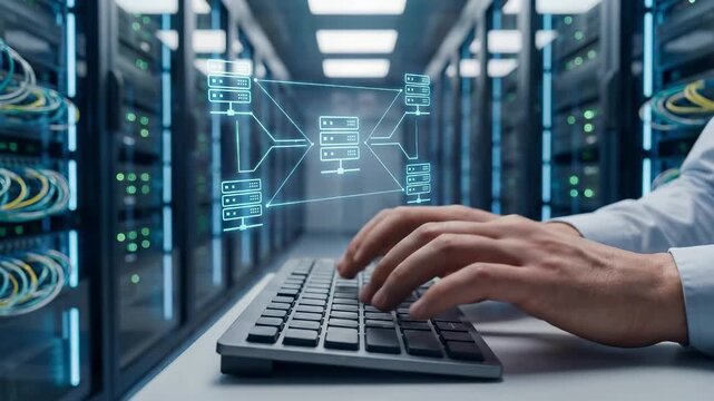 It engineer typing on keyboard in server data center with digital network topology diagram overlay and rack infrastructure. Cloud computing management and architecture configuration for enterprise