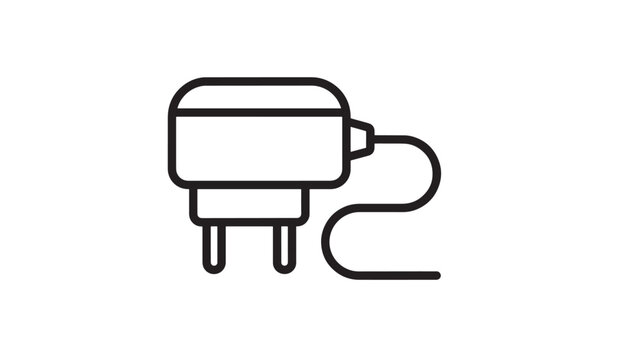 Plug icon with black outline and cord connecting to it for electrical power supply featuring electricity, outlet, adapter with cable and energy