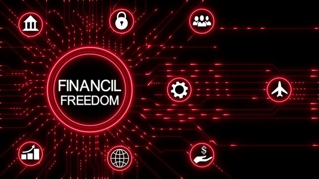 Financial Freedom concept.Circuit board with Technology background.4K Animation.