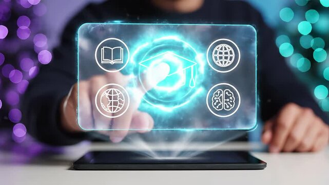 Hands touching tablet with digital education panel featuring graduation cap book globe and brain icons. Online elearning platform and smart technology for global academic knowledge development