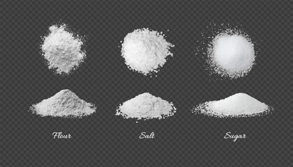 Fototapeta premium A realistic set of white crystalline piles of flour, salt, and sugar, viewed from the side and top.