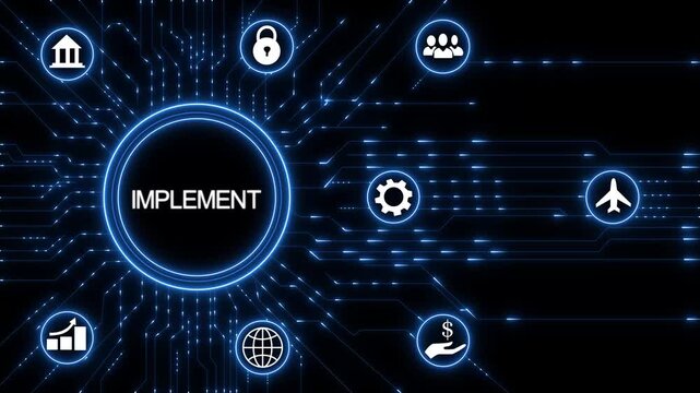 implement concept button on a futuristic. high performance. network icon.Circuit board with Technology background.4K Animation.