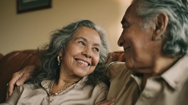 Loving senior couple interacting intimately. Elderly woman looking at her husband with affection, enjoying peaceful retirement. Warm home interior, genuine connection. Tender moment, shared happiness.