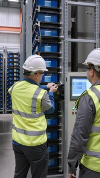 Technicians maintaining industrial battery storage systems, vertical footage