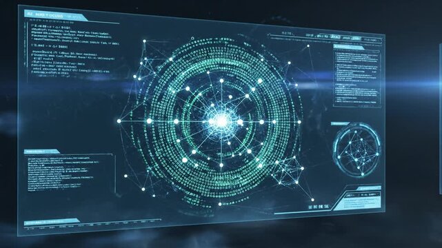 Futuristic interface digital data circular pattern with glowing blue technology cyber network, abstract science innovation, high tech virtual screen information analysis, modern computer