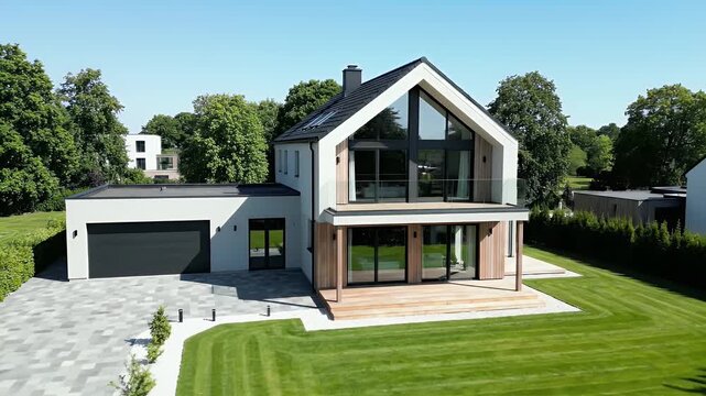 Stylish modern luxury house with green lawn and large windows