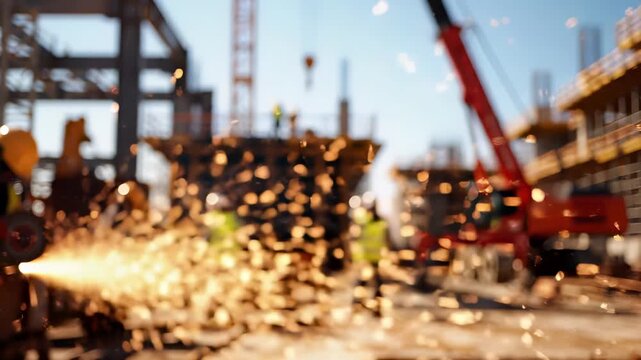 construction site with flying welding sparks and workers cranes and building steel frame. Industrial and metal fabrication work for heavy engineering infrastructure development project management