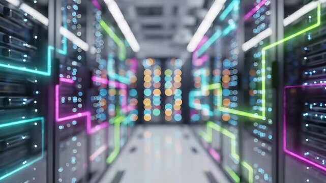 data center server corridor with glowing neon rack outlines and particle stream visualization. Cloud computing infrastructure and network transmission technology for ai processing enterprise it