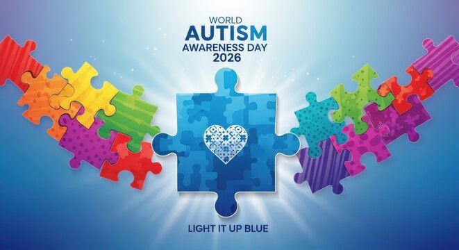 Creative puzzle wave with heart symbol for light it up blue world autism awareness day 2026